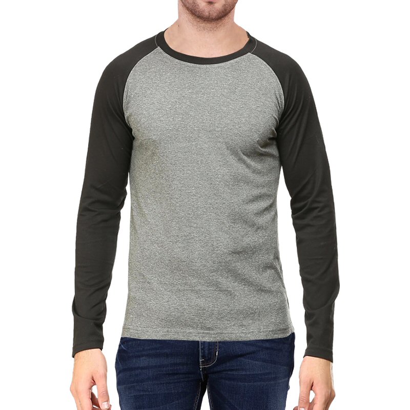Black + Charcoal Melange Plain Raglan Full Sleeve T-shirt