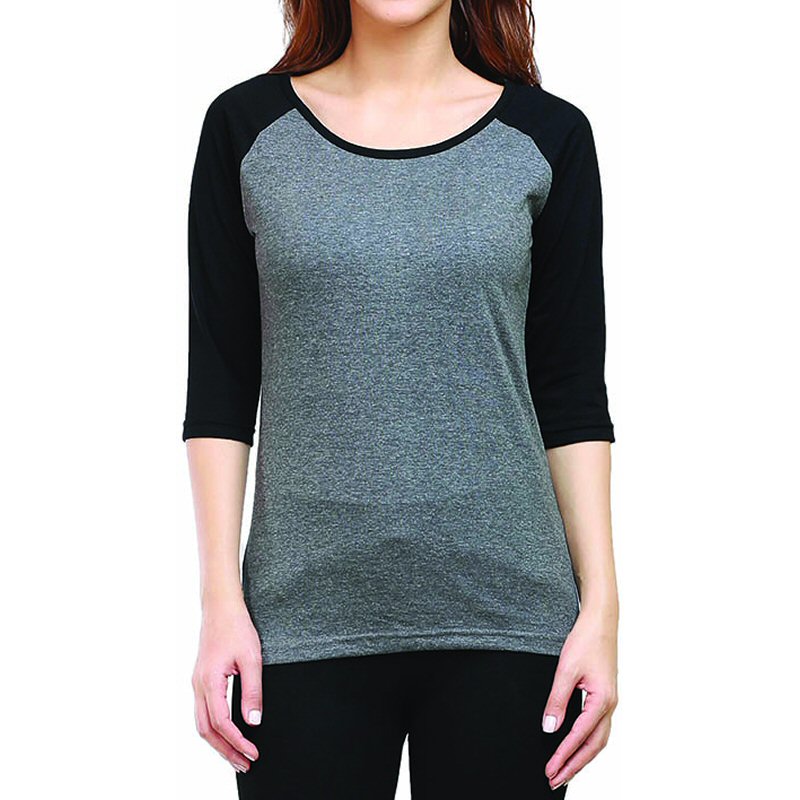 Black + Charcoal Melange Plain Women Raglan Full Sleeve T-shirts