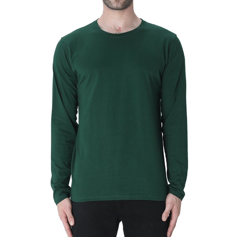Bottle Green Plain Full Sleeve Round Neck T-shirt
