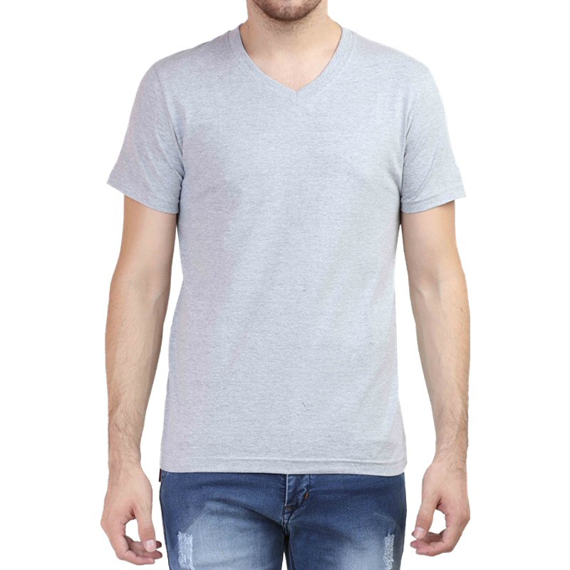 Grey Melange Plain V Neck T-shirt