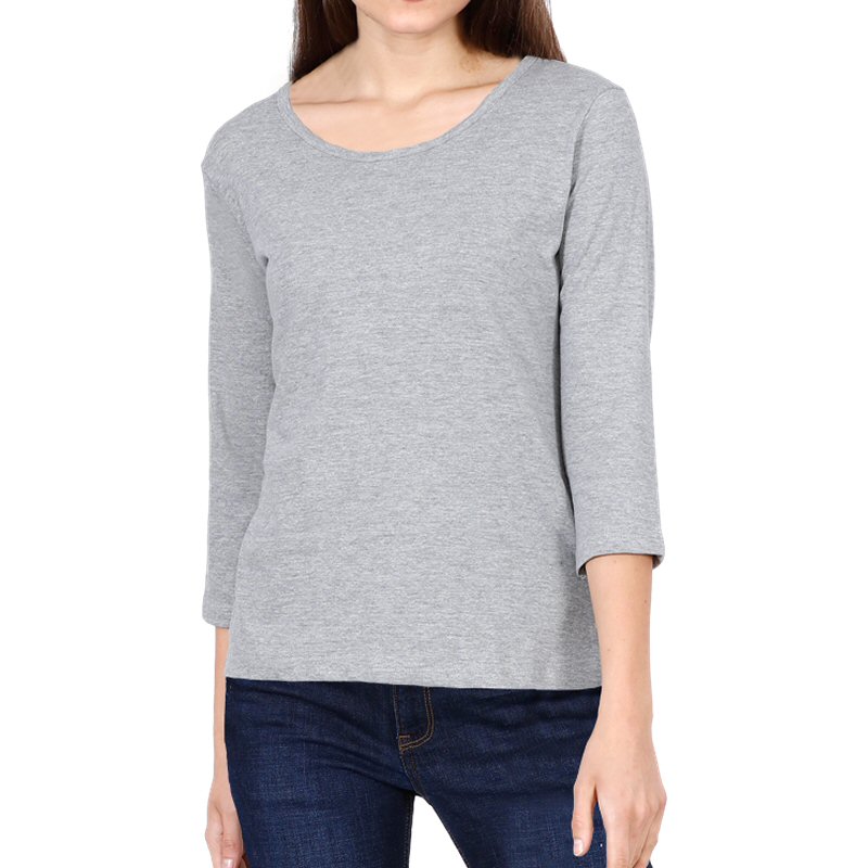 Grey Melange Plain Women Full Sleeve T-shirts