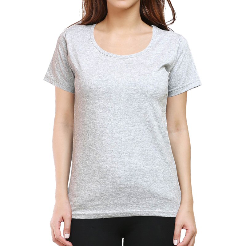 Grey Melange Plain Women Round Neck T-shirt