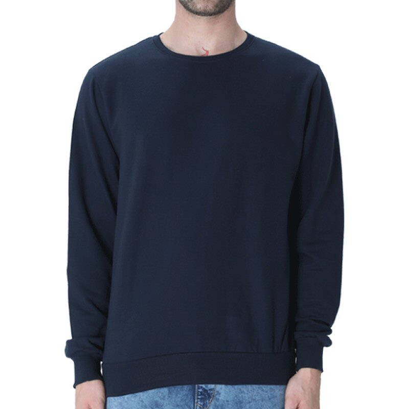 Navy Blue Men Plain Cotton Round Neck Sweat Shirt