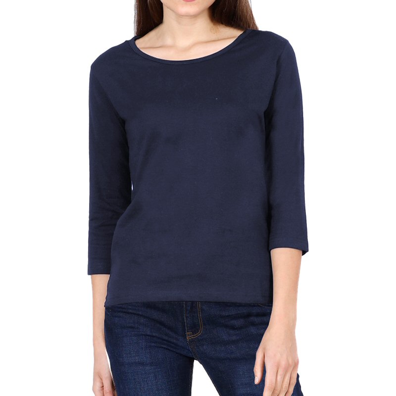 Navy Plain Women Full Sleeve T-shirts