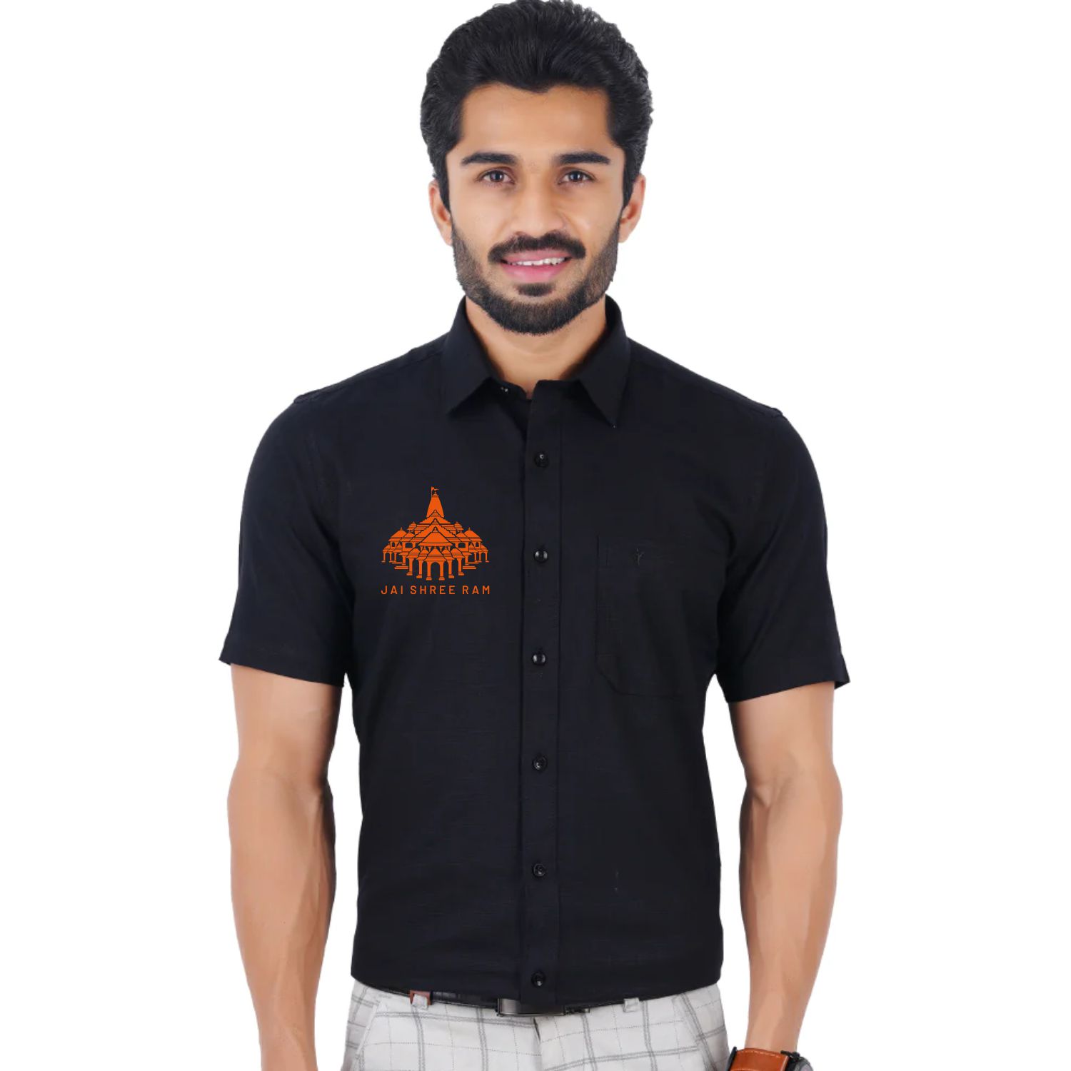 Ram Mandir Logo Printed Half Sleeve Black Shirt