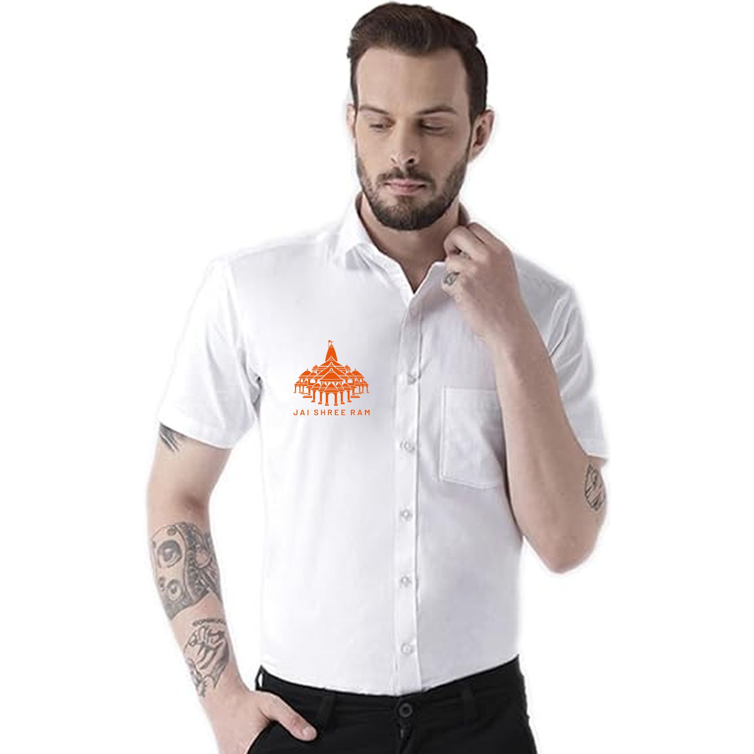 Ram Mandir Logo Printed Half Sleeve White Shirt